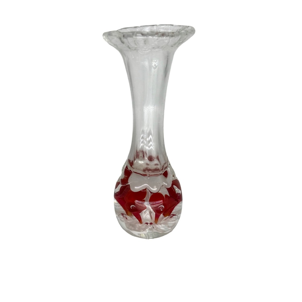 Joe Rice 2002 Art Glass Bud Vase Hand Blown Clear Red Lily‎  Paperweight Base